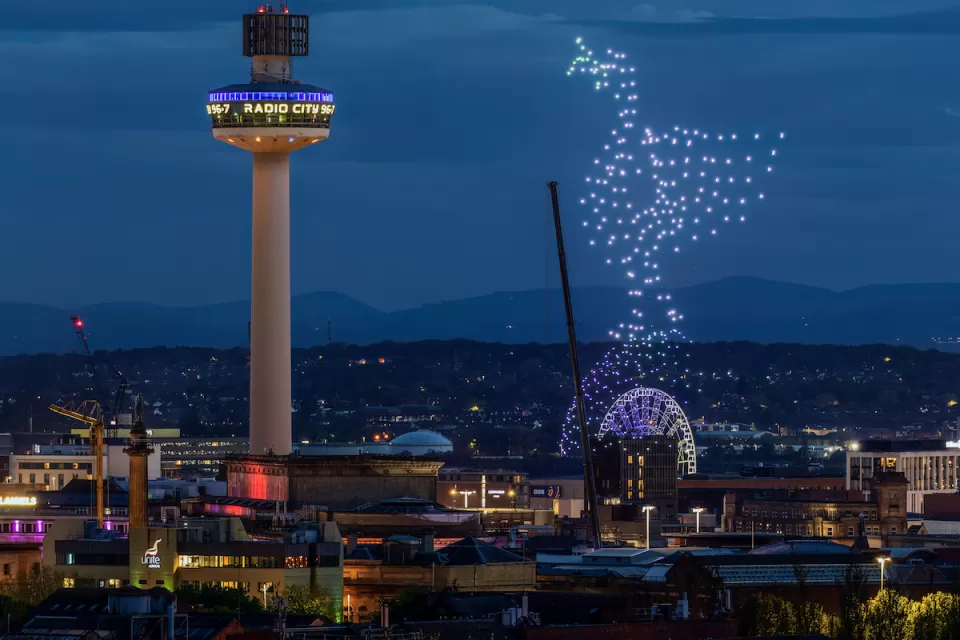 Drone show over Liverpool, England.
